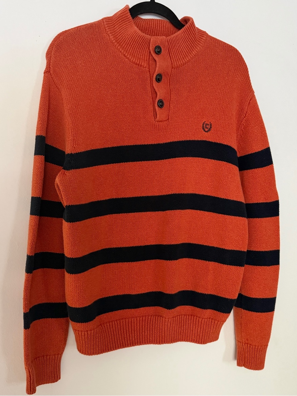 CHAPS Men’s Large Orange Navy Striped Cotton Mock Neck Button Sweater Preppy